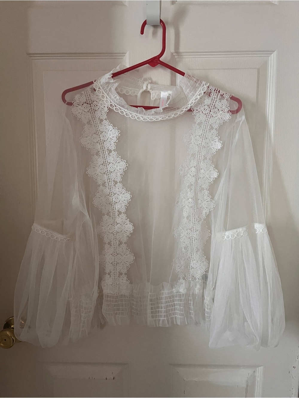 Delicate White Sheer Lace-Trim Blouse - Feminine Women's Top